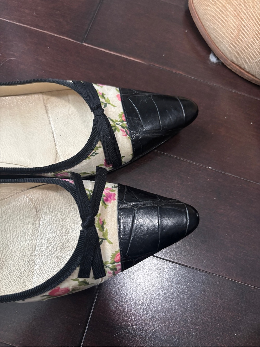 Prada Floral Canvas Pointed Toe Flats in Cream and Black with Pink Accents - Picture 3 of 6